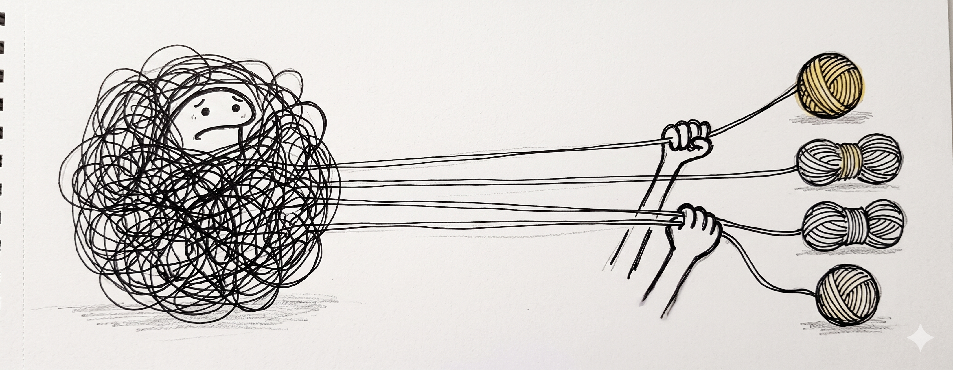 Doodle: a tangled ball of problem being pulled apart into smaller neat pieces