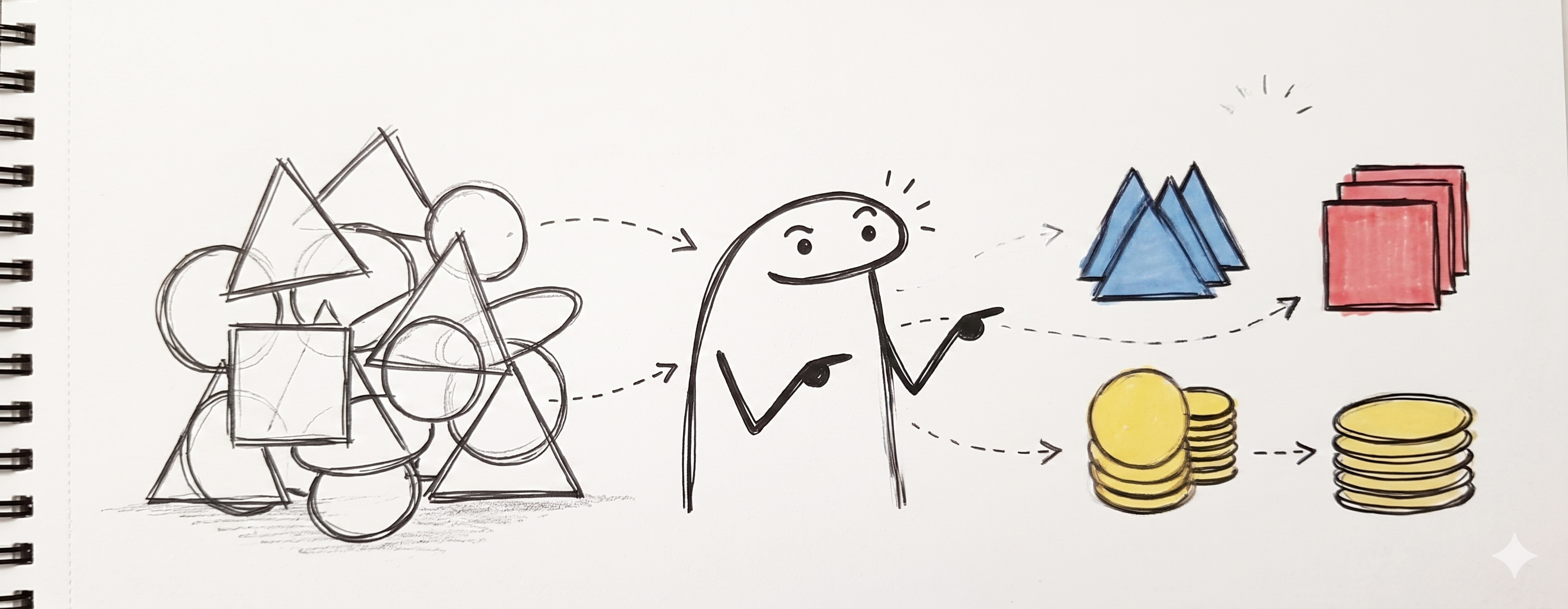 Doodle: mixed shapes on the left being grouped by type on the right