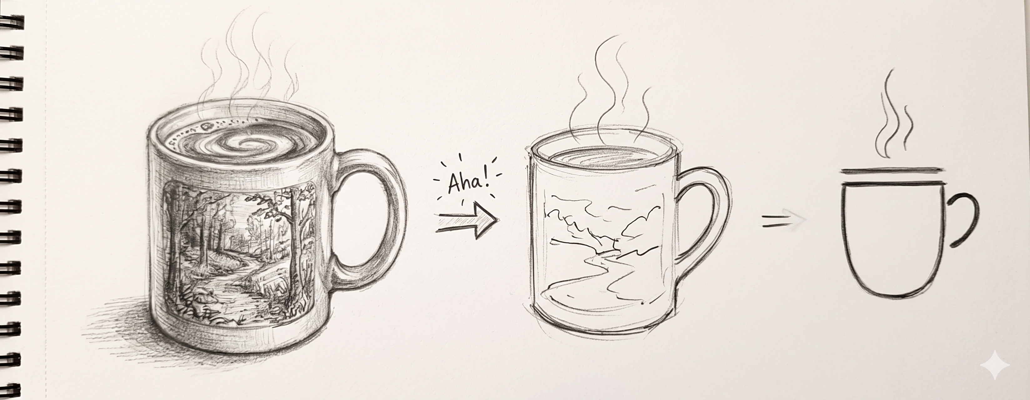 Doodle: a detailed coffee mug simplifying across stages into a minimal icon