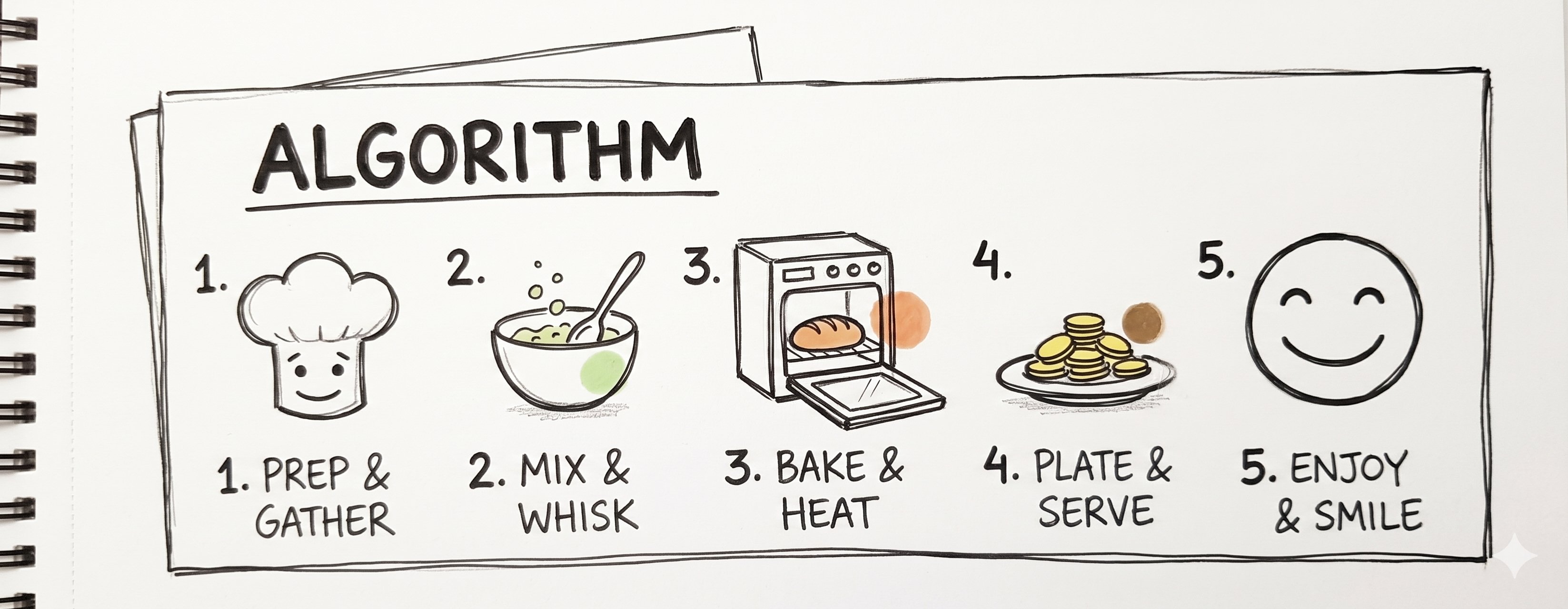 Doodle: a recipe card labeled ALGORITHM with numbered steps and tiny icons