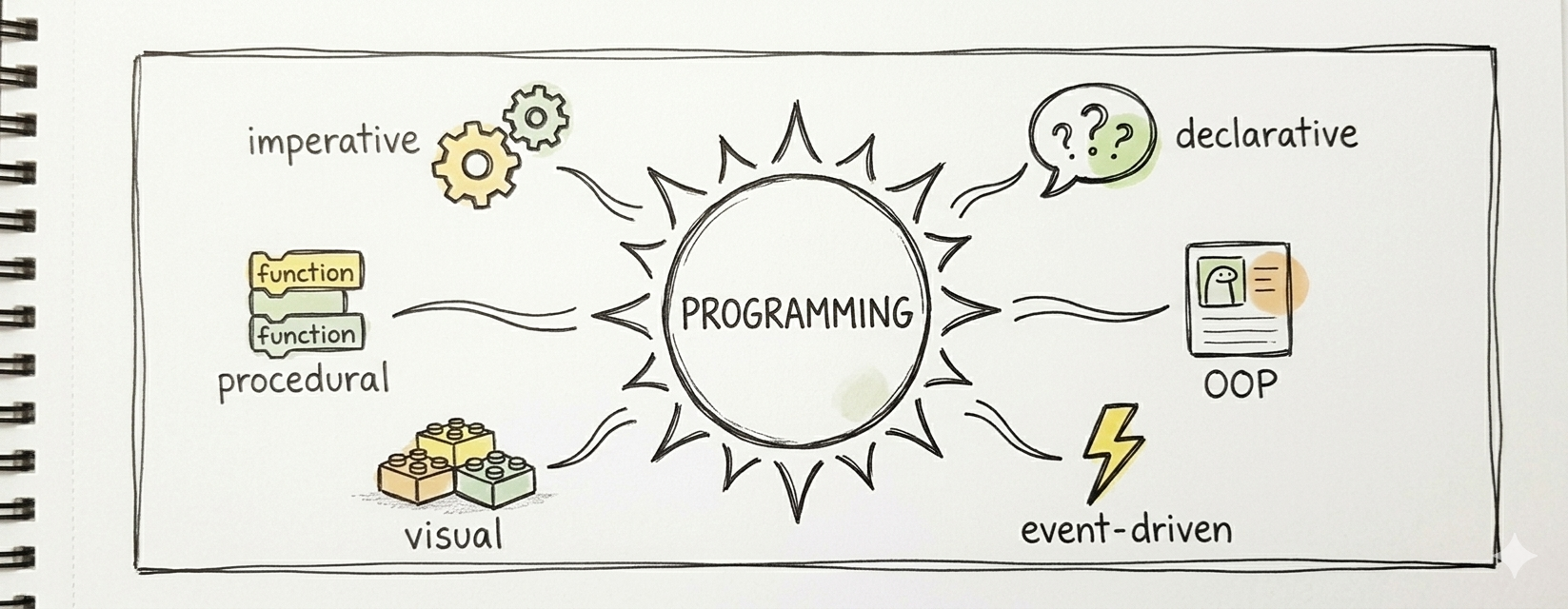 Doodle: central sun labeled PROGRAMMING with 6 rays ending in icons for imperative, procedural, declarative, OOP, event-driven, visual
