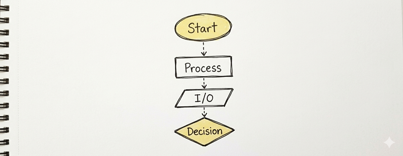 Doodle con formas de diagrama: óvalo de inicio, rectángulo de proceso, paralelogramo de E/S, rombo de decisión