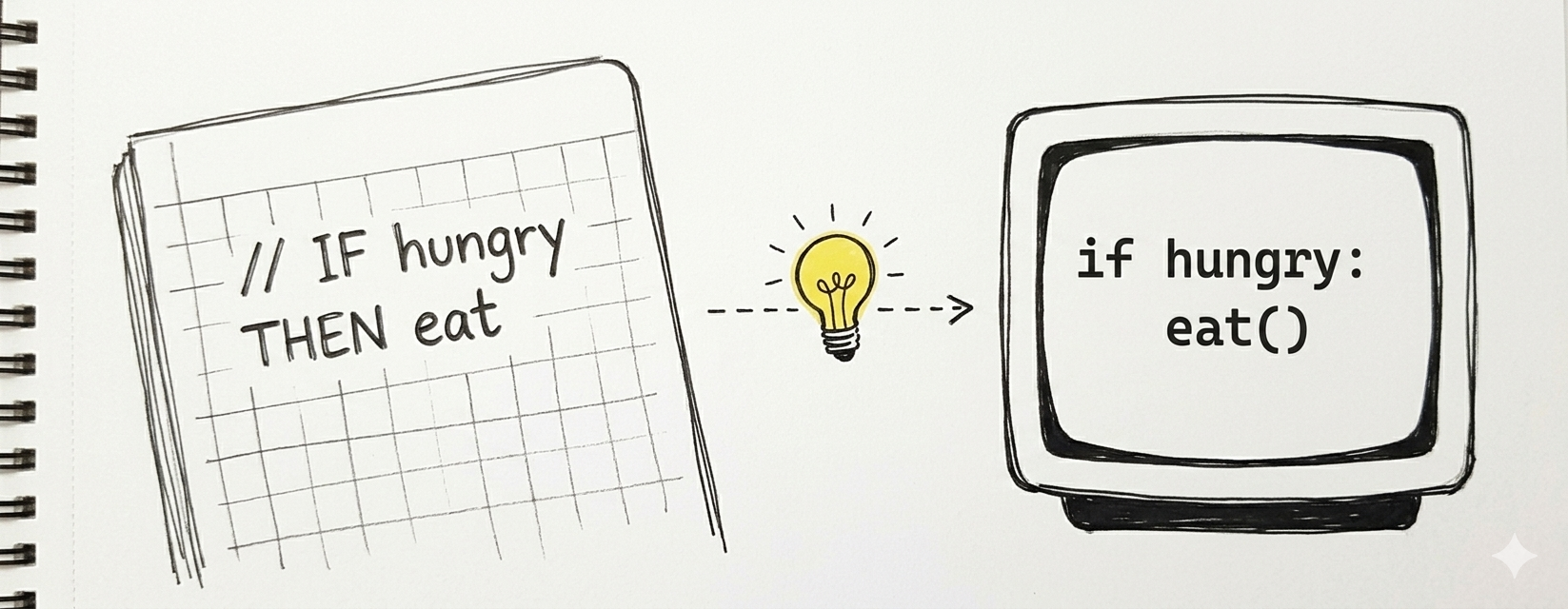 Doodle: pseudocódigo en hoja de cuaderno a la izquierda, código real en pantalla a la derecha, flecha con foco en medio