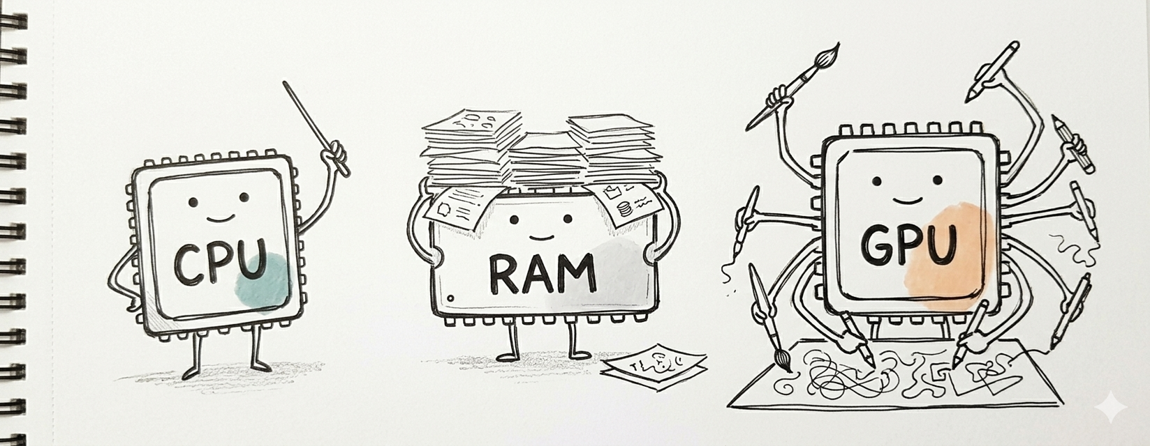 Doodle: trío de personajes chip etiquetados CPU (con batuta de director), RAM (con pila de papeles), GPU (con varios brazos dibujando)