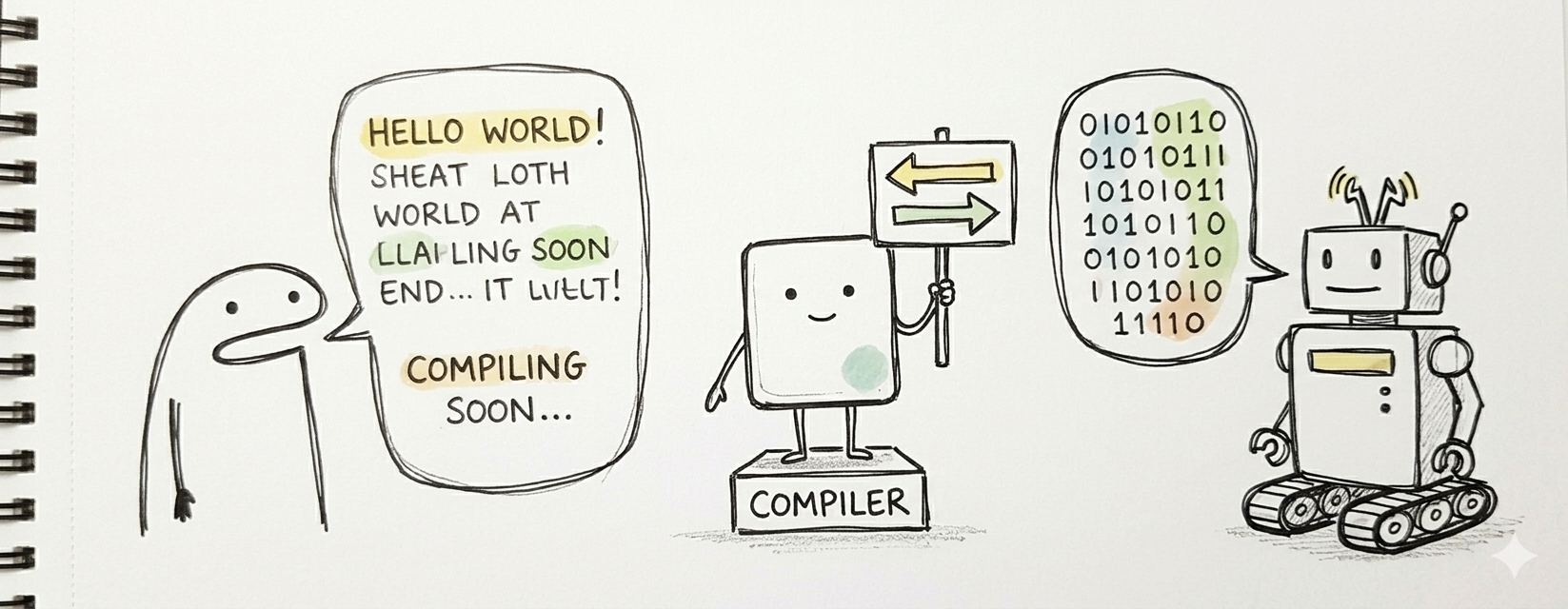 Doodle: persona hablando en inglés a la izquierda, robot recibiendo 0s y 1s a la derecha, personaje COMPILADOR en medio apuntando en ambas direcciones