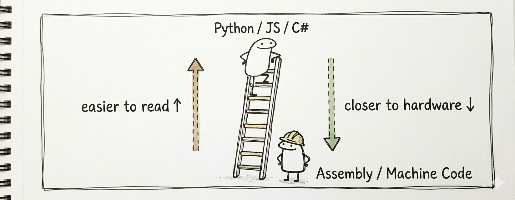 Doodle: escalera con persona arriba etiquetada Python/JS/C# (relajada), otra abajo etiquetada Assembly/Código máquina (con casco)